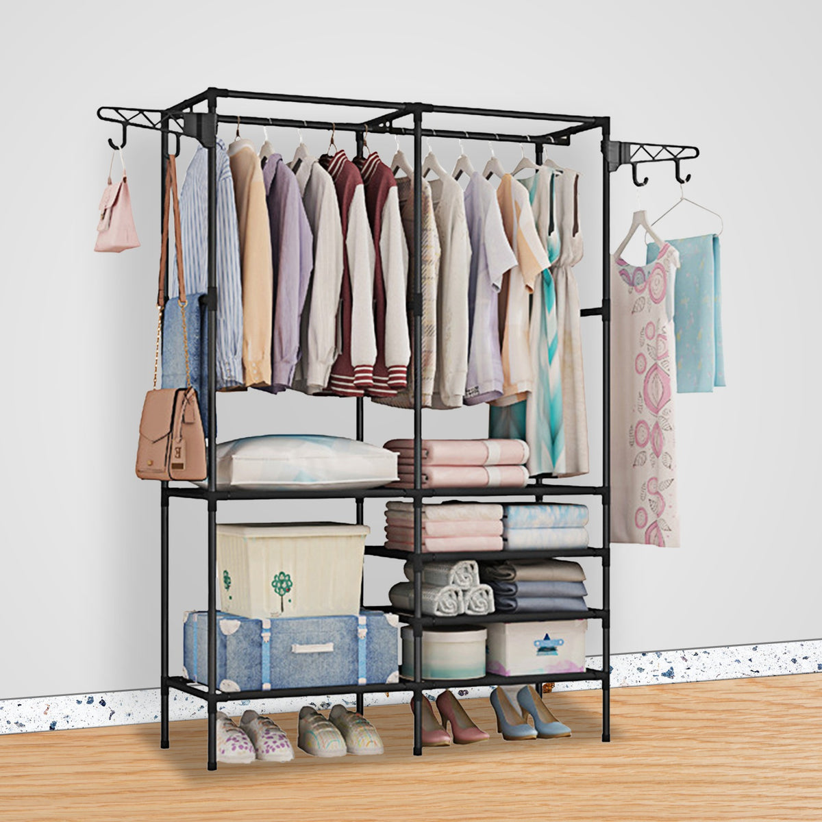Metal Garment Rack with Shelves & Side Hooks, Freestanding Clothes Organizer