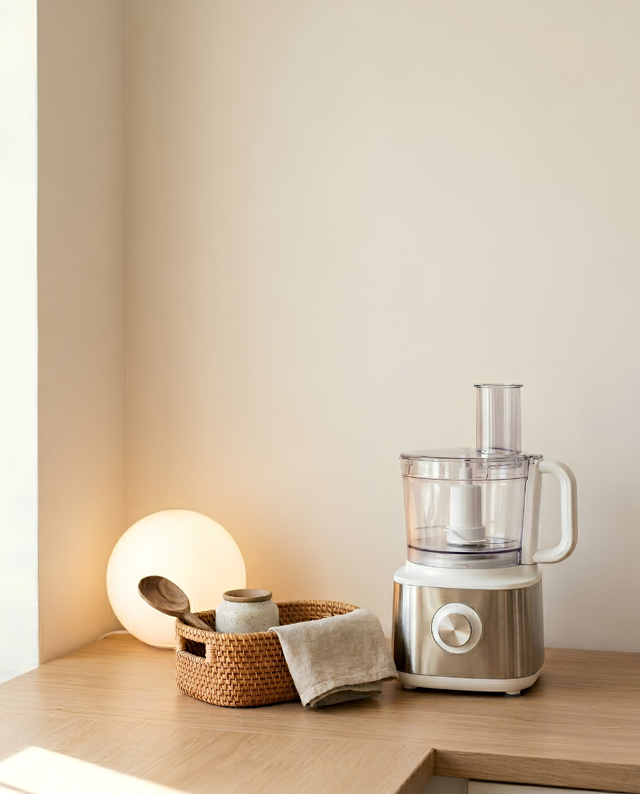Kitchen counter with a food processor and woven basket